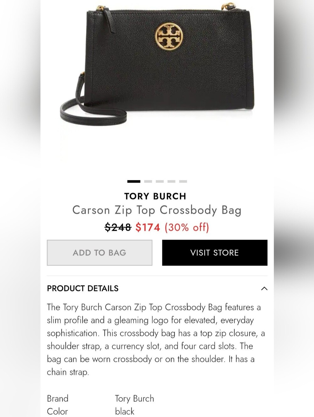 Tory Burch Carson Zip Top Pebbled Leather Crossbody in Black 9"×6"×1" - Picture 8 of 16